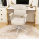 Beige upholstered task chair with cushioned back and arms, featuring a sturdy base and ergonomic design for home office.