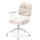Beige upholstered task chair with cushioned back and arms, featuring ergonomic design and sturdy plywood base for home.