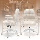 Beige Leathaire upholstered task chair with cushioned back, showing dimensions and ergonomic features for home office.