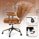 Brown upholstered task chair with cushioned back, 360° swivel, and height adjustment for home office comfort.