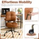 Brown upholstered task chair with cushioned back and arms, featuring a grab handle and quiet PU casters for easy.