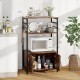 3-tier kitchen baker’s rack in brown with 2 open shelves, cabinet, and metal hooks for organizing kitchen supplies.