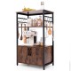 3-tier kitchen baker’s rack in brown with 2 open shelves, cabinet, and 10 hooks for organizing kitchen utensils.