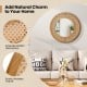 Bohemian round wall-mounted mirror with a rustic wooden frame and rattan decoration, perfect for living room or.