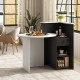 L-shaped black and white reception desk with oval tabletop, open shelf, and lockable drawer for office or retail use.