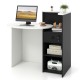 Front view of the black and white front reception office desk with oval tabletop, lockable drawer, and open shelf.