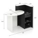 L-shaped black and white reception office desk with oval tabletop, open shelf, and lockable drawer for organized.