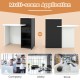 Front reception office desk in black and white with oval tabletop, open shelf, and lockable drawer for versatile use.