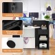 Front view of a black and white reception office desk with lockable drawer, open shelf, and smooth metal sliding rails.