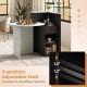 Front view of the black and white reception office desk featuring an adjustable shelf and lockable storage drawer.