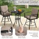 Patio swivel bar set featuring cushioned seats, ergonomic design, and umbrella hole for outdoor dining comfort.