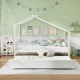 Kids twin size house bed in white with trundle, featuring a roof design and space-saving functionality for extra.
