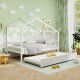 Kids twin size house bed with trundle in white, featuring a roof design and space-saving functionality for extra.