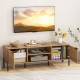Natural 2-door TV stand with open shelves, accommodating TVs up to 65 inches, featuring a convenient charging station.