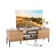 2-door TV stand in natural finish with open shelves, accommodating TVs up to 65 inches, featuring a charging station.