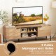 2-door TV stand with open shelves and cable management holes, designed for TVs up to 65 inches, in natural finish.