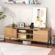 Natural 2-door TV stand with open shelves, charging station, and soft close hinges, ideal for TVs up to 65 inches.