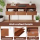 48-inch walnut writing desk with three drawers, solid wood legs, and sleek cut-out handles for organized workspace.