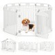 8-panel white plastic dog fence with locking door, crafted from HDPE, ideal for indoor and outdoor pet containment.