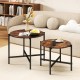 Round coffee table set of 2 in rustic brown with heavy-duty metal frame, perfect for living room or balcony use.