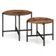 Round coffee table set of 2 with rustic brown tops and heavy-duty metal frame, perfect for versatile living room use.