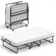 Twin size folding bed with memory foam mattress, heavy-duty metal frame, and wheels for easy mobility and storage.