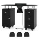 Black manicure table featuring a large MDF surface, electric dust collector, and 8 lockable rolling wheels for easy.