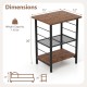 3-tier end table with rustic brown finish, metal frame, adjustable shelves, ideal for storage and space-saving use.