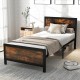 Twin size metal bed frame with rustic wood grain headboard, sturdy support legs, and 11" under-bed storage space.