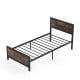 Twin size metal bed frame with rustic wood grain headboard and footboard, featuring sturdy support and 11" under-bed.