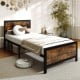 Twin size metal bed frame with rustic wood grain headboard and footboard, featuring 11" under-bed storage for.