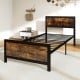 Twin size metal bed frame with rustic wood grain headboard and footboard, featuring sturdy support legs and 11".