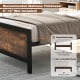 Twin size metal bed frame with rustic wood grain, embedded design to prevent mattress slipping, ideal for under-bed.