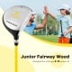 34-inch junior fairway wood golf club with yellow fiberglass shaft, ideal for kids ages 8-10, shown with headcover.