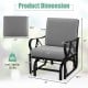 Patio glider rocking chair with gray thick cushion, curved armrests, and dimensions for outdoor relaxation.