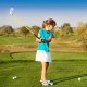 Young golfer swinging an individual yellow golf club with fiberglass shaft, designed for kids aged 8-10 years.