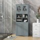 Tall gray bathroom cabinet with acrylic doors, featuring 2 cabinets and 3 open shelves for versatile storage.