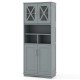 Tall gray bathroom cabinet with acrylic doors, featuring a clean design and spacious lower cabinets for organized.