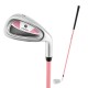 Junior #7 iron for kids in pink with fiberglass shaft, showcasing the aluminum alloy club head for enhanced forgiveness.