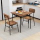 Square wood dining table set with metal frame and two chairs, perfect for small spaces and cozy meals.