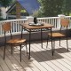 Wood square dining table set with metal frame and two chairs, perfect for small spaces and cozy meals on a patio.