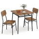 Square wood dining table set with metal frame and two chairs, perfect for small spaces and intimate meals.