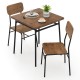 Square brown dining table set with metal frame and two chairs, ideal for small spaces and cozy meals.