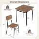 Square dining table with metal frame and two chairs, featuring a brown finish and lower storage rack for small spaces.