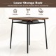 Square dining table with brown veneered MDF top and metal frame, featuring a lower storage rack for easy access to.