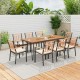9-piece patio dining set featuring a 35.5-inch acacia wood table and 8 chairs with cushions, perfect for outdoor.