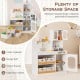 Kids kitchen playset in white with 2-door cupboard, storage shelves, and 4 fabric drawers for organized play.