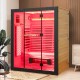 Infrared wooden sauna room for 3 people with RGB lighting, mica heating panels, and red light tubes for relaxation.