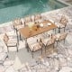 Top view of a 9-piece patio dining set showcasing a spacious acacia wood table surrounded by 8 cushioned chairs, ideal.