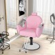 Pink 360° swivel reclining salon chair with adjustable height and detachable headrest, ideal for hair styling and.